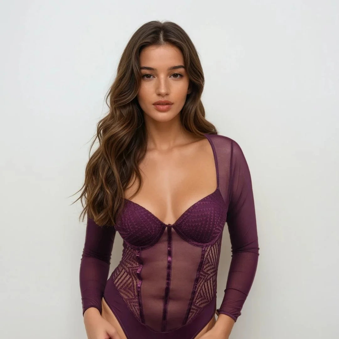 Sinclair Purple Strapless Lace Mesh Bodysuit