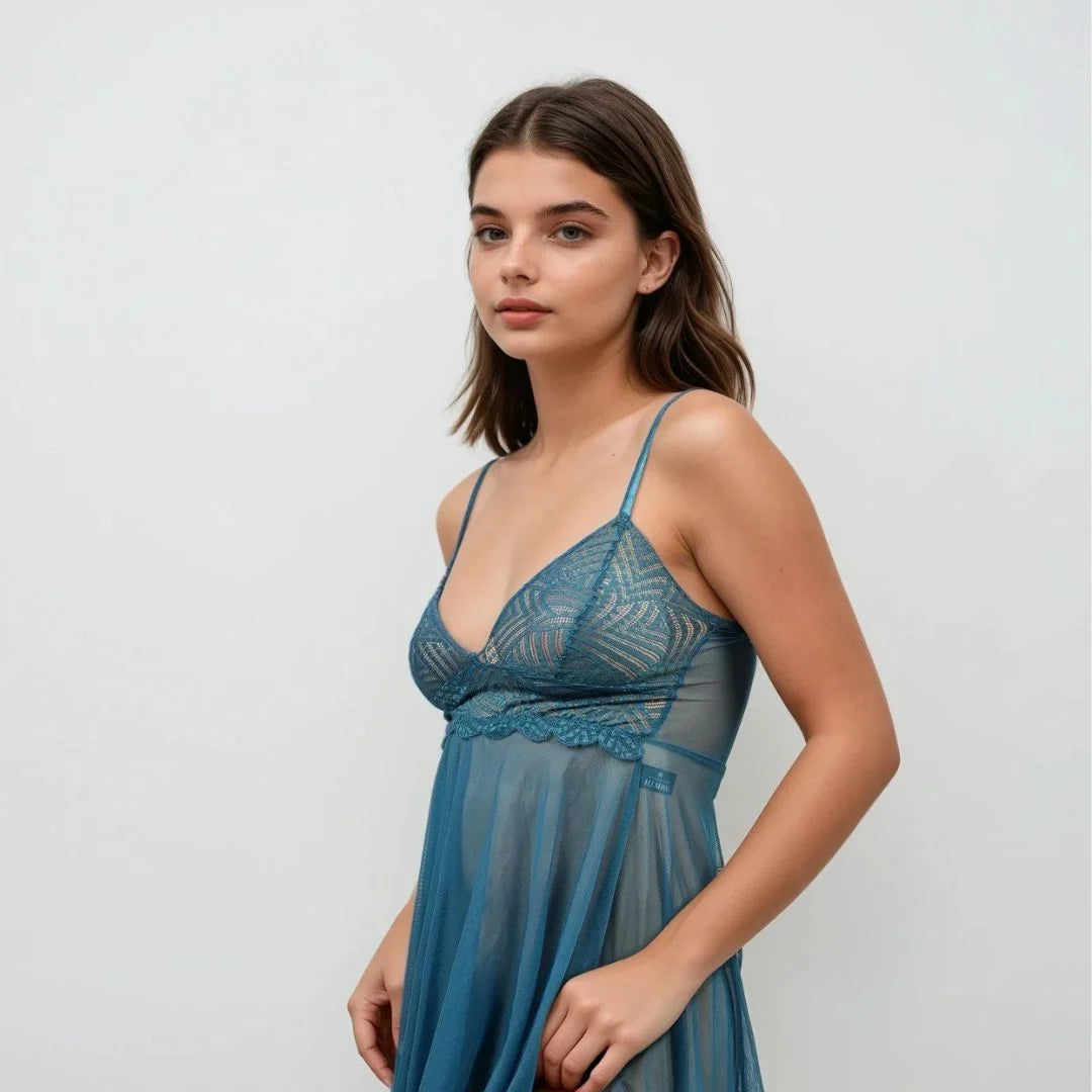 La Femme Blue Lace Babydoll Slip Dress With Panty