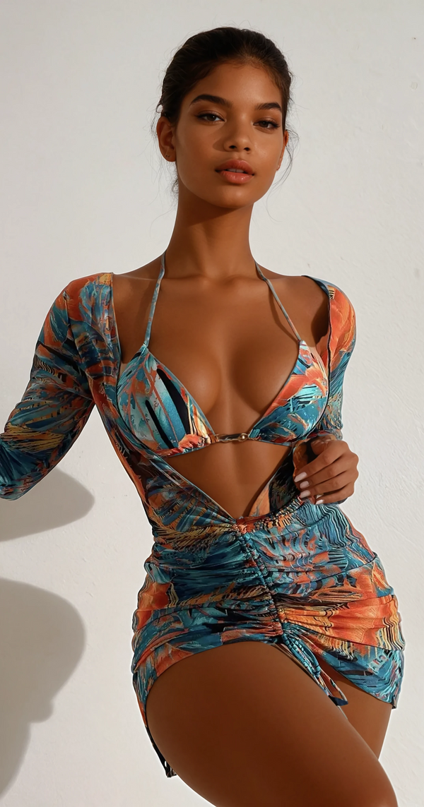 Three Piece Flower Printed Drawstring Mesh Set