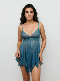 La Femme Blue Lace Babydoll Slip Dress With Panty